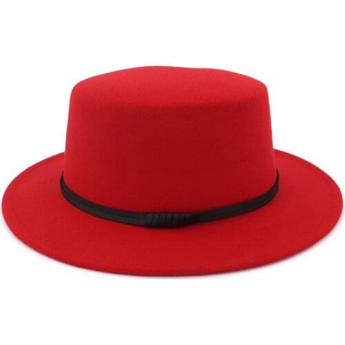 Fashion Wide Brim Elegant Lady Wool Pork Pie Boater Flat Top Hat for Womens Mens Felt Fedora Gambler Hat Cloche Bowler Hats