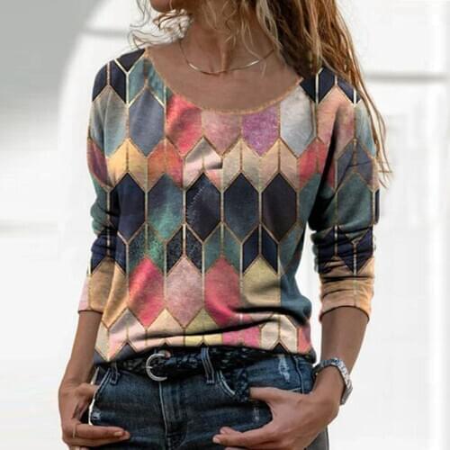 40#Blouses Fashion Women Elegant Round-neck Patchwork Retro Print Long Sleeves Winter Warm Shirt Blouse Tops Женская Одежда