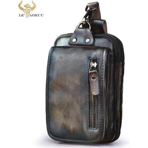 Trend Genuine Leather Coffee men Design Retro Small Hook Bum Bag Fanny Waist Belt Pack Cigarette Case 7" Phone Pouch 1609