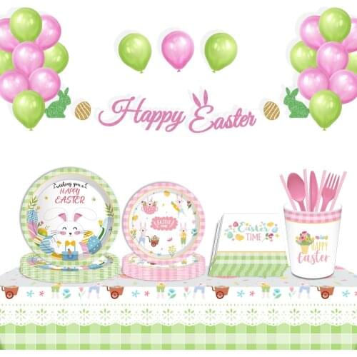 Cute Rabbits Happy Easter Dinner Plates Party Favors Catoon Rabbit Disposable Tableware Sets Happy Easter Party Decorations