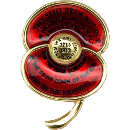 Ode of Remembrance Red Enamel Poppy Brooch First World War Centenary Badge Engraved with Poem "For the Fallen"