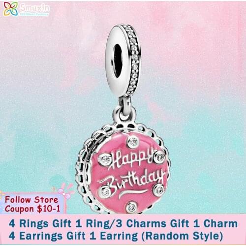 Smuxin 925 Sterling Silver Beads Pink Birthday Cake Dangle Charms fit Original Pandora Bracelets for Women Jewelry Making Gift