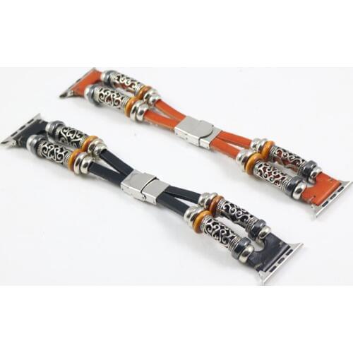 Handmade Beads Bracelet For Apple Watch Series 4 Replacement Band Genuine Leathe Retro Watch Strap For Apple Watch Series 1 2 3