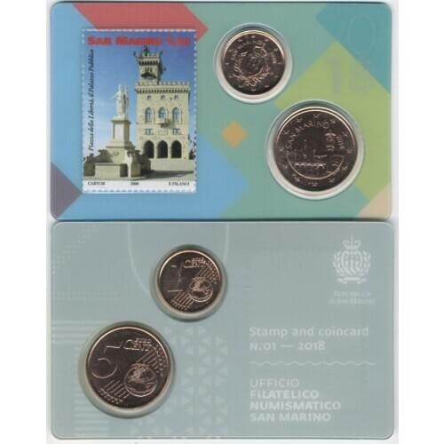 San Marino 2018 1 Euro Cent and 5 Euro Cent with Stamps, Brand New 100% Authentic Original Coin Collectibles UNC