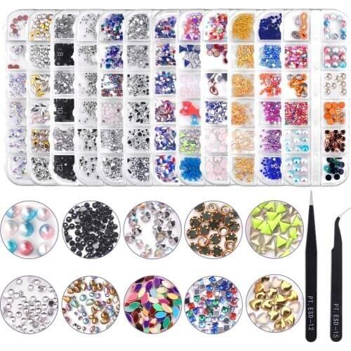 Nail Crystal Rhinestones 12 Boxes of 144 Pieces Mixed Color 3D Art Deco Rhinestone Jewelry Stone Gold Foil Trim DIY Rhinestone