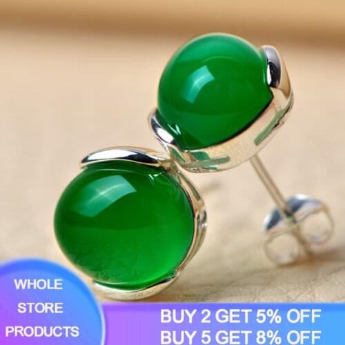YANHUI Real 925 Sterling Silver Jewelry Created Nano Emerald Round Stud Earrings Vintage Anniversary For Women Birthday Gifts