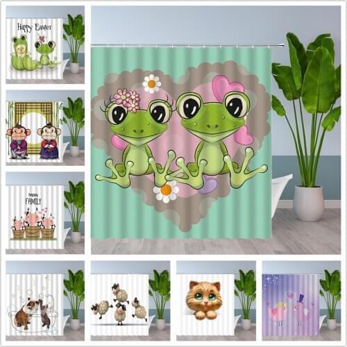 Funny Cartoon Animal Shower Curtains Cute Frog Monkey Cows Dog Cat Kids Bathroom Waterproof Polyester Cloth Curtain Decor Set