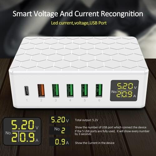 ILEPO 6 Ports 65W USB Charger For iPhone 12 11 X XS Samsung Xiaomi QC3.0 Type C Fast Charger With LCD Display PD Quick Charging