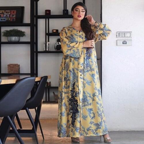 Yellow Floral Modest Muslim Abaya Dress for Women Ramadan Eid Middle East Turkey Arabic Moroccan Caftan Dubai Jalabiya 2021