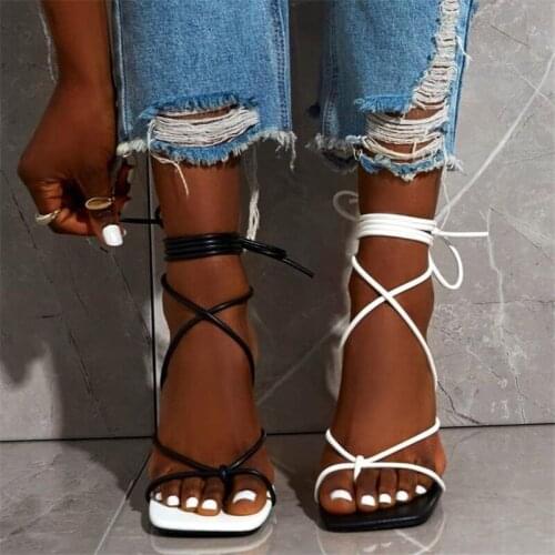 Women Sandals Fashion Sexy Lace Up Square Toe Ladies Pumps Thin Heel Cross Tied Party Shoes Female 9CM High Heel Shoes