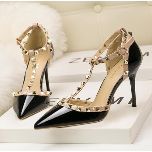 2020 New 9CM Pumps sexy club thin heel shows thin high heel shallow mouth head rivet hollows word to take womens single shoe