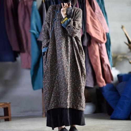 Johnature Women Cotton Linen Print Flowers Dresses A-Line Patchwork 2021 Autumn New Full Sleeve Female Chinese Style Dress
