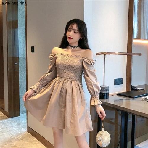 Womens Dress Retro Style Long-sleeved Sexy Off Shoulder Strapless Slimming A-line Female Dresses Black Khak Mini Vestidos