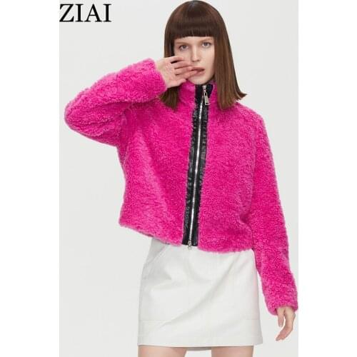 ZIAI 2021 Women Faux Fur Coat Teddy Jacket Fake Leather Zipper Strip Design Stand Collar Autumn winter Womens jackets ZN-8T034