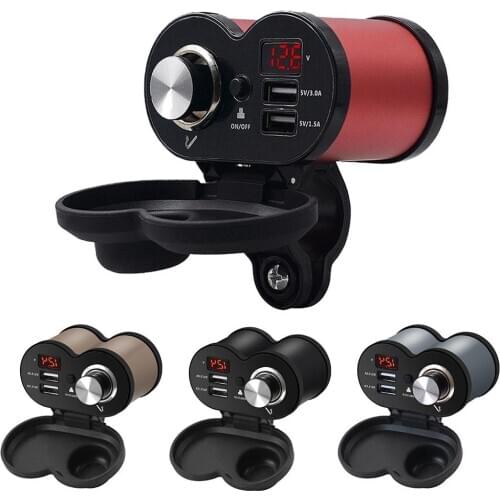 12-24V Motorcycle QC 3.0 Dual USB Handlebar Installation Lighter Charger Voltmeter Time Display Aluminum Alloy for Motorcycle