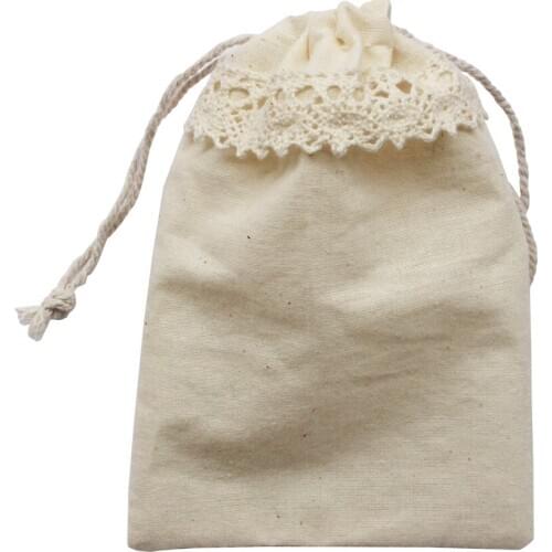 50pcs/lot) Lace natural organic cotton promotional drawstring cotton gift bag pouch cutomize logo and size