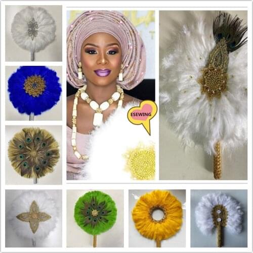 Gold Custom African Wedding Feather Hand Fan with Stones Feather Dance Fan Handmade Bride Hand Held Photo Props Wedding Favors