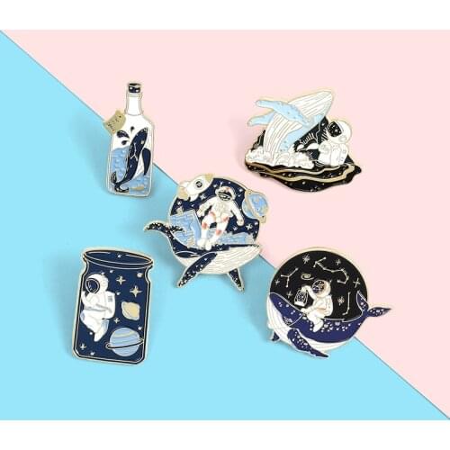 Astronaut and Whale Enamel Pin Drifting Wishing Bottle Brooches Bags Adventure Ocean Lapel Pin Badges Jewelry Gift for Friends