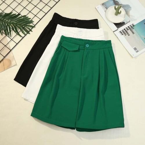 White Green Suit Pants Girls Elastic High Waist Pleated Short Pants Women Summer Straight Wide Leg Drape Office Wear Trousers