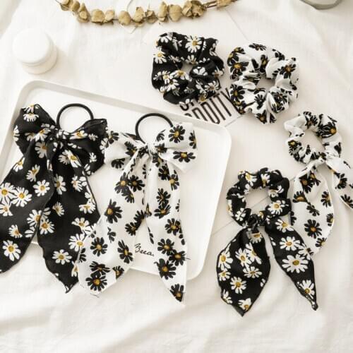 Black And White Small Daisy Scrunchies Retro French Bow Hair Rope Wild Elastic Large Intestine Ring Ins Girl Mori Headgear