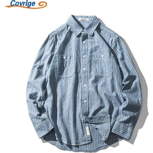 Covrlge Mens Shirts Casual Light Business Stripe Cardigan Outer Wear Comfortable Inner Wear Cotton Long Sleeve Shirts MCL317