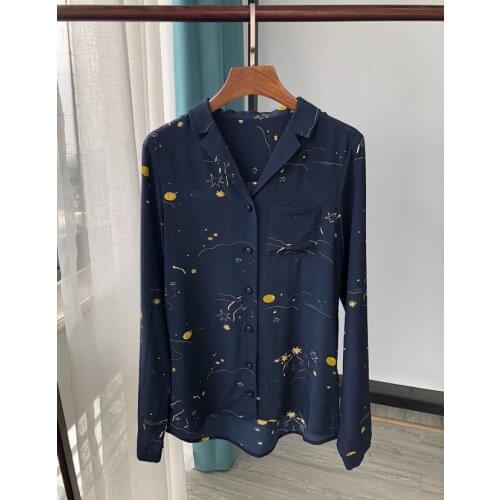 ElfStyle Viscose Women Starry Moon Printing Notched Long Sleeve Blouse Shirt Top