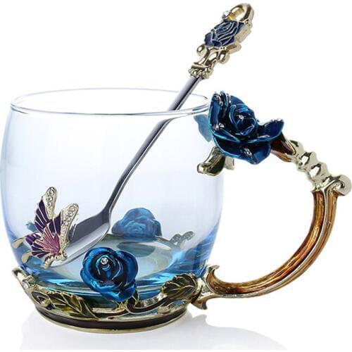 Enamel Coffee Tea Cup Mug 3D Rose Butterfly Glass Cups Wedding Gift Best Price