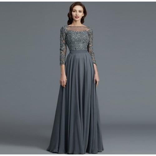 Glamorous Grey Lace Applique Mother of the Bride Dresses Illusion Bateau Neck 3/4 Sleeves Wedding Guest Dresses Back Out