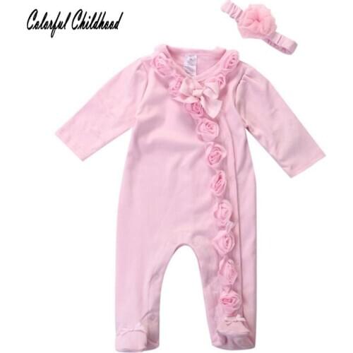 Ruffled New Born Baby Girl Romper 3D Floral Design Sweet Casual Style Clothing Long Sleeve Spring Autumn Clothes With Headband