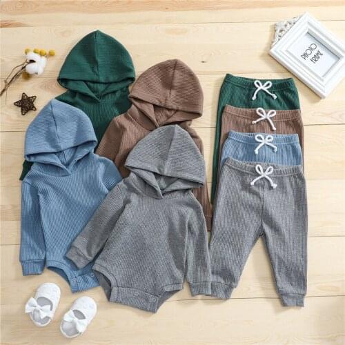 4 Colors Toddler Infant Baby Clothes Sets Solid Knitted Boy Long Sleeve Hooded Bodysuits Tops+Elastic Waist Pants Casual Outfits