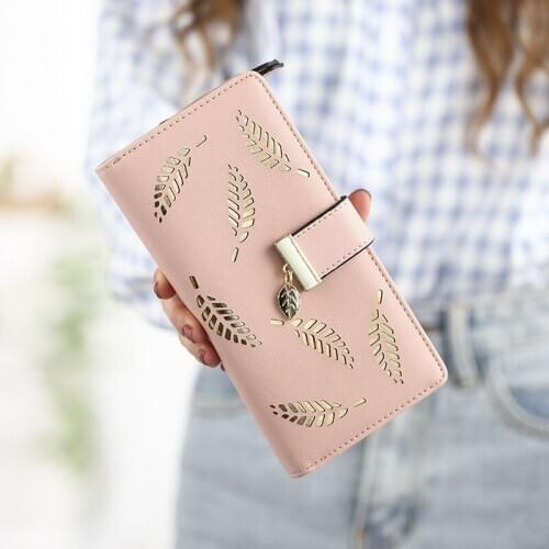 2020 Women Wallet PU Leather Purse Female Long Wallet Gold Hollow Leaves Pouch Handbag For Women Coin Purse Card Holders Clutch