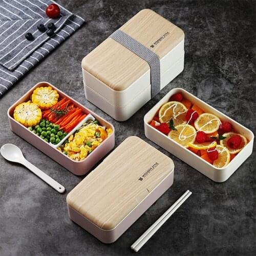 Double Layer Lunch Box Wooden Case Salad Sushi Bento Box Portable Microwave Food Container Box For Kids Workers With Tableware
