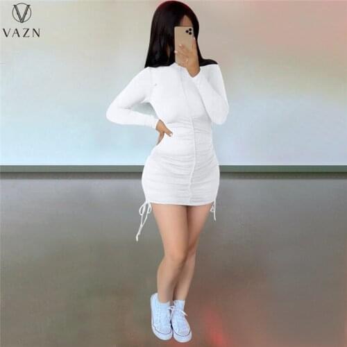 VAZN 2021 New Fashion Hot Sale Women Sexy Girl Style Short Dresses Long Sleeve Round Neck Pure Color Mini Short Dresses