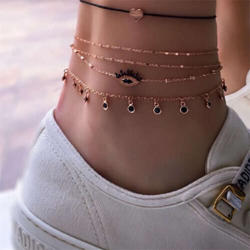 New Jewelry Bohemian Alloy Chain Heart-shaped Eyes 4 Set Anklets