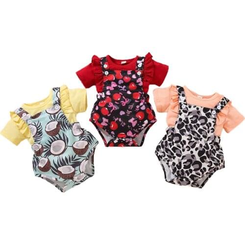 Infant Baby Girls 2Pcs Clothes Summer Outfits Cute Short Sleeve Ruffle T shirt+Leopard Fruit Print Bib Shorts 0-12M