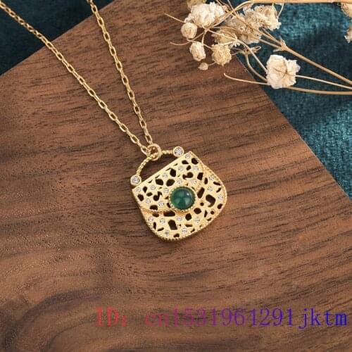 White Jade Bag Pendant Gifts Zircon Chinese Necklace Natural Gemstone Charm 925 Silver Chalcedony Jewelry Crystal Amulet