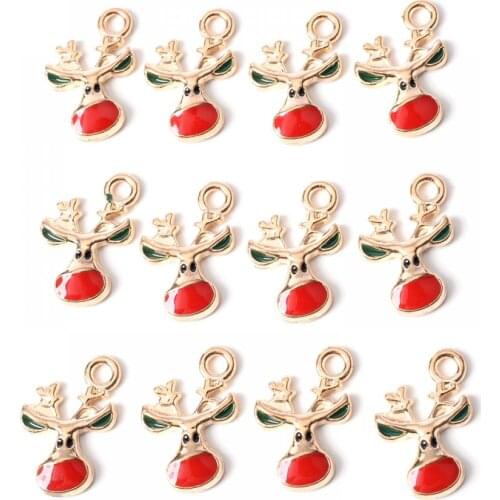 10Pcs Red Charms Christmas Deer Head Alloy Metal Drop Oil Pendants For DIY Bracelet Earrings Jewelry Making Accesories