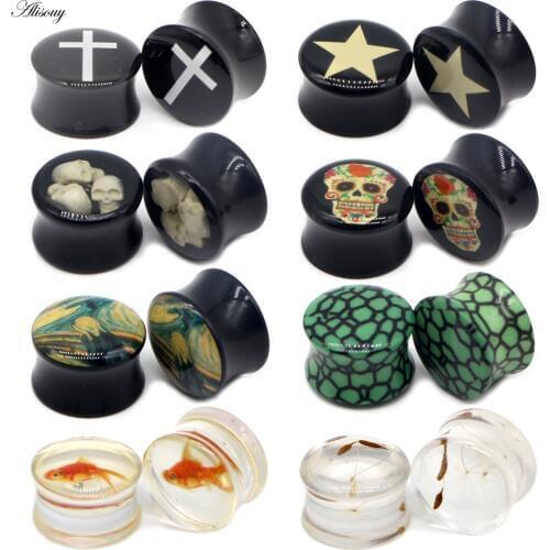 Alisouy 2pc Cross Star Skull Leopard Double Flared Ear Plug Acrylic Saddle Gauge Flesh Tunnel Piercing Body Jewelry Ear Expander