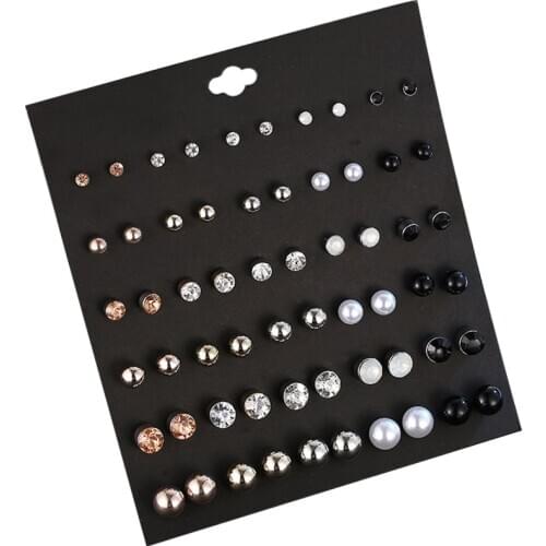 30 Pairs/set Classic Womens Round Ball Metal Pearl Earrings For Women Girl Gifts Crystal Stud Earring Sets Mix Jewelry
