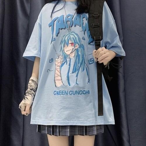 Harajuku Kpop Loose Short Sleeve Cotton Black Vintage Dropshipping Japanese Cartoon Anime Print Tops Punk Hip Hop Korean Clothes