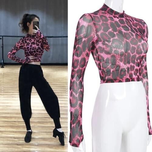 Latin Dance Tops Red Leopard Long Sleeve Mesh See-Through Practice Clothes Rumba Tango Samba Salsa Cha Cha Dance Shirt DQL4520