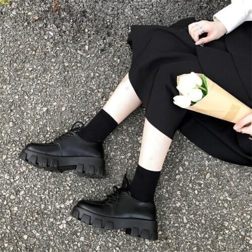 Retro Student Lace Up High Heel 5cm Platform Shoes Womens Thick Sole Big Head Black Lolita Cosplay Anime Pu Jk Uniform Shoe