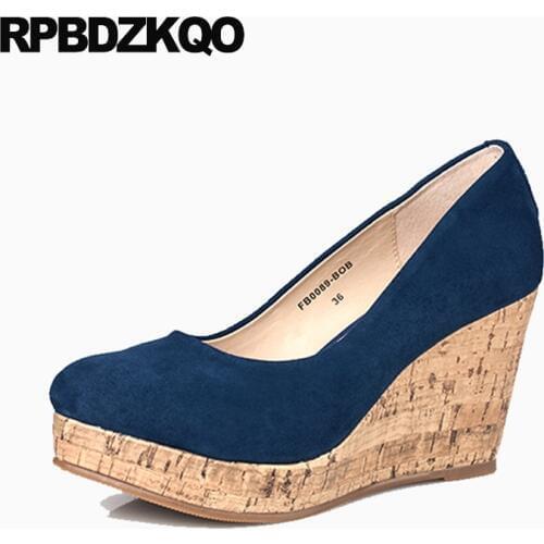 Women Plus Size Platform Genuine Leather Pumps Top Quality High Heels Brand Shoes 2017 4 34 Small Wooden Blue Wedge Round Toe