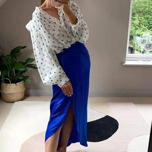 2021 Women High Quality Navy Blue Retro Double Collar Silk Satin Texture Long Skirt Female Vintage Folds Sexy Split Fork Skirt