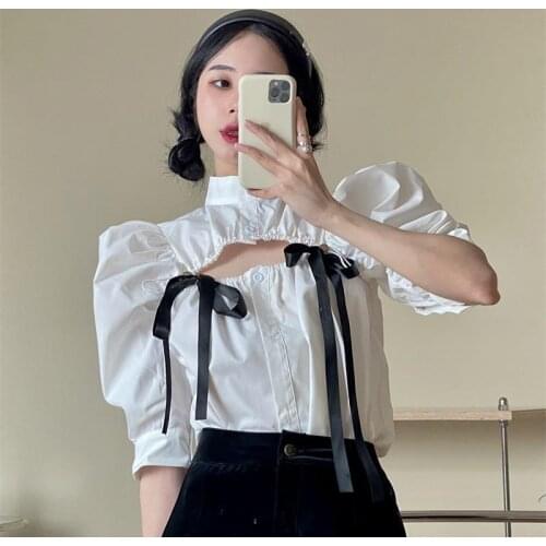 Summer Womens Korean Shirt 2021 New Design Sense of Design Loose Sweet Cool Style O-Neck Bubble Short Sleeve Shirt Top