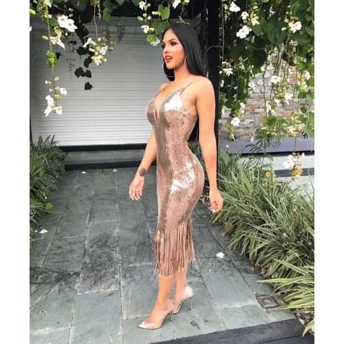 Casual Sequin Dresses Gold Women Spaghetti Straps V Neckline Knee Length Midi Prom Party Dress New Arrival