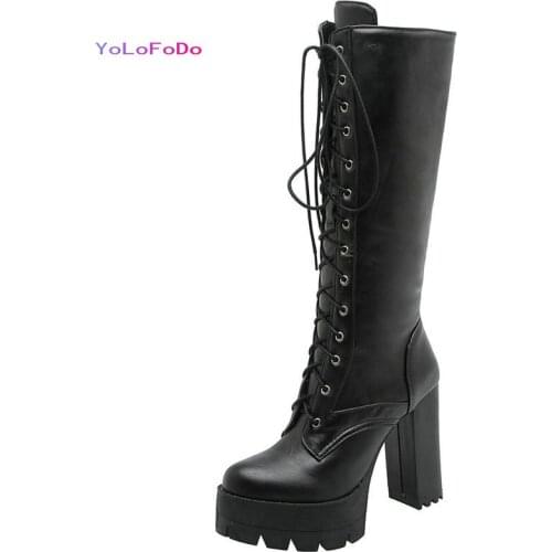 Platform Square High Heel Women Knee High Boots PU Leather Round Toe Ladies Lace Up Boots 2021 Autumn Winter Womans Boots Black