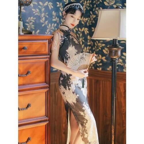 Summer New Style Chinese Style Female Slim Temperament Improved Cheongsam Dress Side Slit Lace High-End Long Dress
