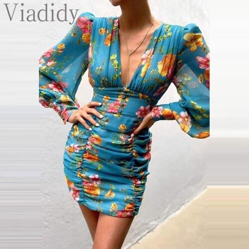 Women Sexy Floral Print Deep V Neck Lantern Sleeve Ruched Mini Dress