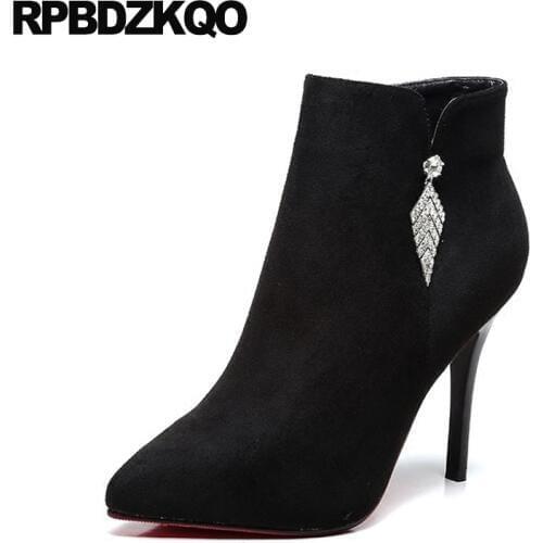 Winter Zipper Fur Ladies Black Shoes Pointed Toe High Heel Fashion Booties Stiletto Pointy Side Zip Boots Ankle Metal Short